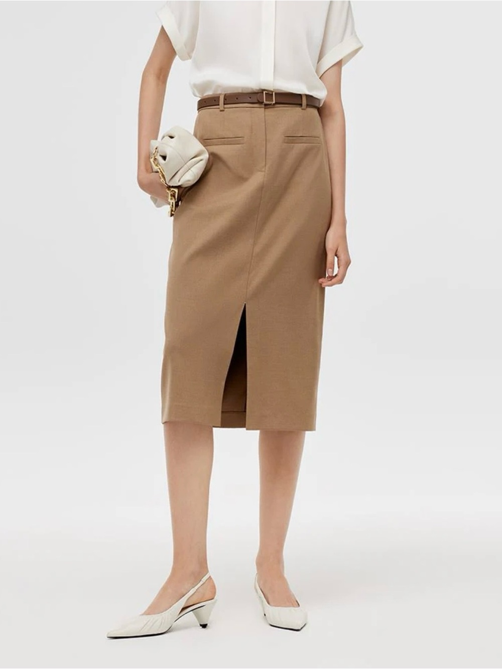 Goelia Chic Midi Pencil Skirt with Center Front Slit and Belt